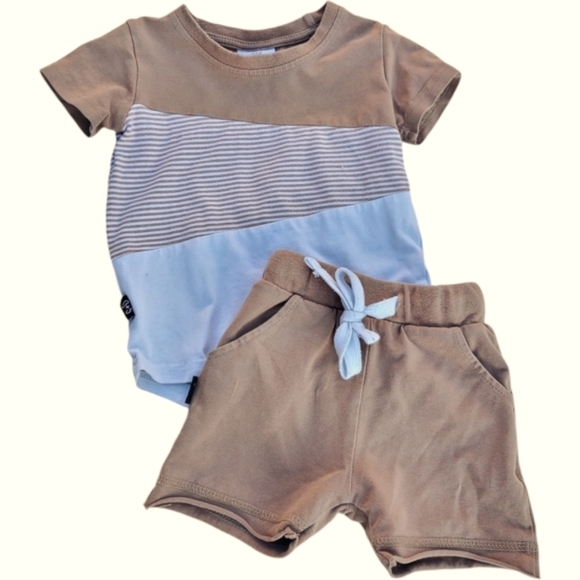 Olive + Scout 2 Piece Short Set Brown|Tan Baby Boys 6-12 Months - Picture 1 of 4
